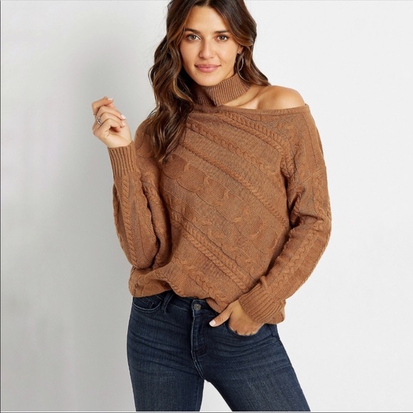 Cable Knit Mock Neck One Shoulder Sweater - Picture 2 of 10